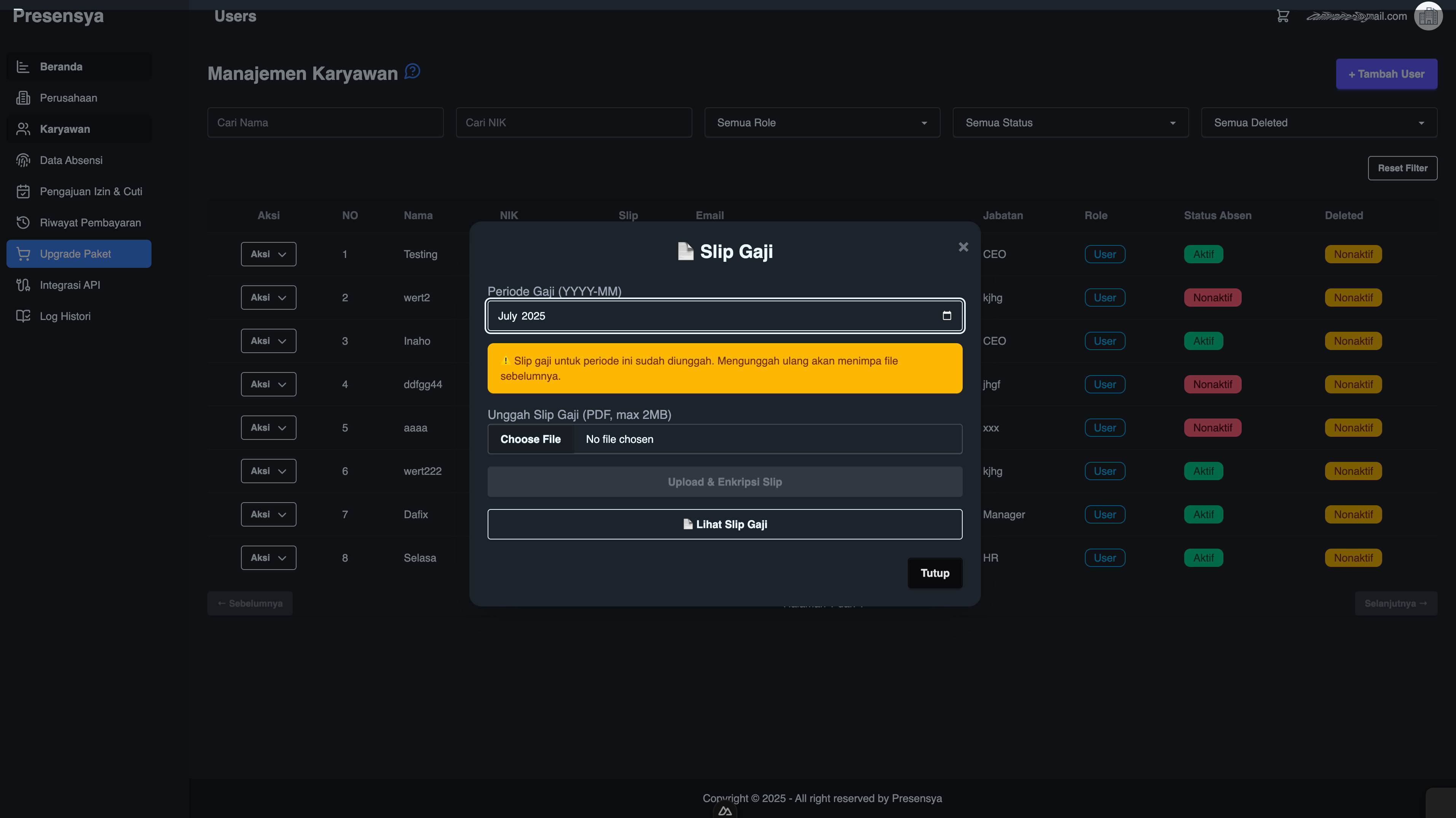 Dashboard Pengaturan Shift Kerja
