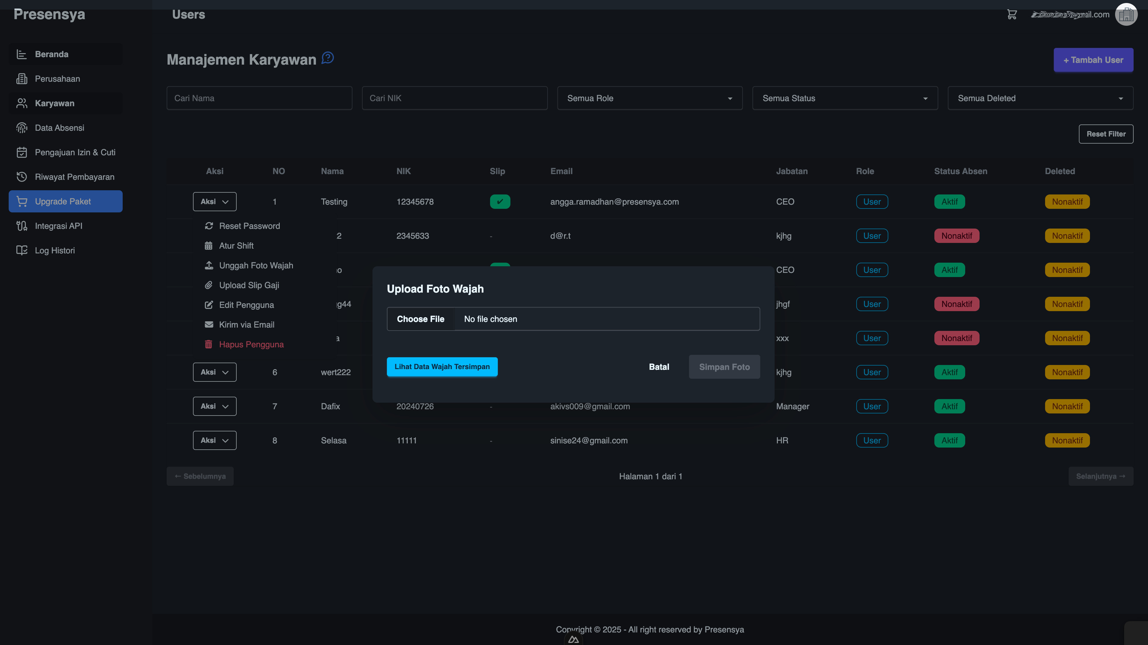 Dashboard Upload Data Wajah